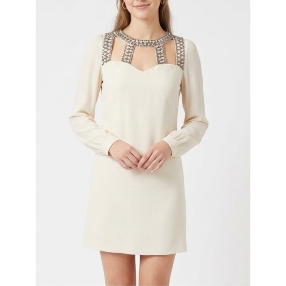 LITTLE MISTRESS London Size 6 Beige Beaded Sequin Embellished Tulle Sheath Dress